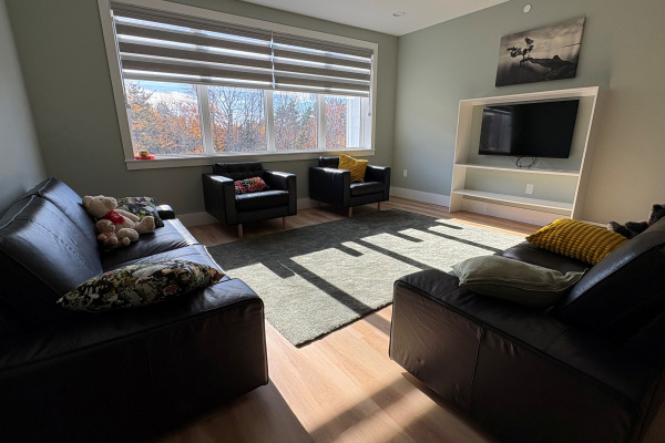 living room with chairs and loveseat in front of window with sun shining in