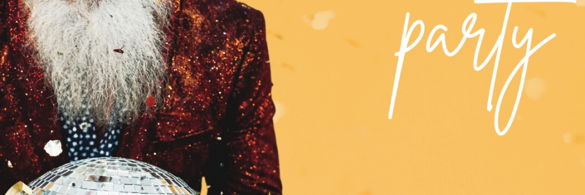Event Poster for Home for the Holidays with Santa holding a mirror ball and wearing dark round sunglasses